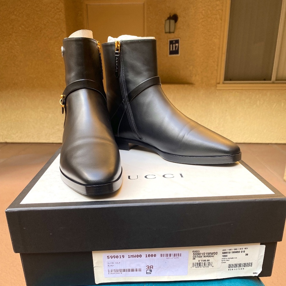 GUCCI Double GG Logo Elite Calf Leather Booties 599019 G38=US8